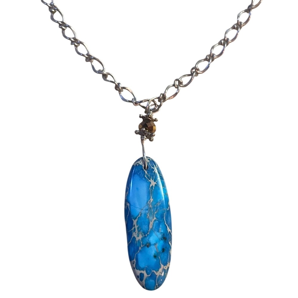 Blue Sea Sediment Jasper Pendant Necklace Silver Tone Toggle Clasp Boho Artisan